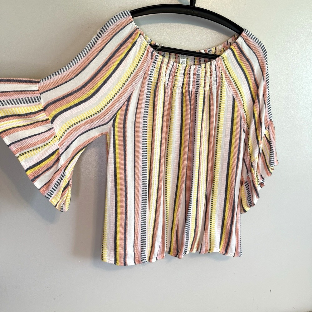 Womens Striped Bell 3/4 Sleeve Pullover Top M Flowy Peasant Cottagecore Feminine